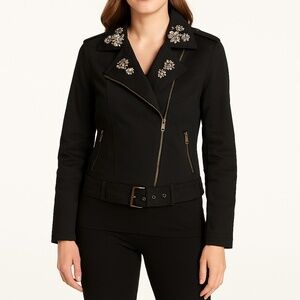 Denim  Black New Stretch Bead Detail Moto